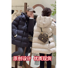 批发泡芙羽绒服女中长款2025冬季新款小个子加厚连帽白鸭绒面包服外套