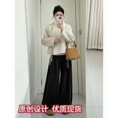 批发2025秋冬新款韩系独特好看小香风<b class='q'>蕾丝</b>拼接毛呢外套休闲阔腿裤套装