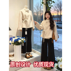批发入冬搭配一整套韩系穿搭小香风<b class='q'>蕾丝</b>蝴蝶结毛呢外套休闲裤两件套装