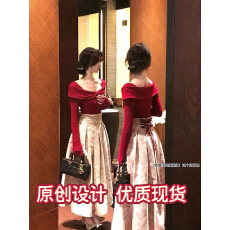 批发秋冬季新款优雅千金气质小众蝴蝶结设计上衣高腰绑带长裙两件套女