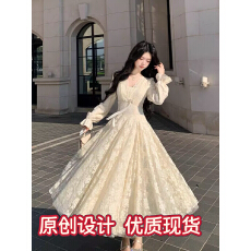 批发Blovelan迷迭花园 法式纯欲v领蕾丝加绒<b class='q'>连衣裙</b>收腰千金风<b class='q'>蓬蓬裙</b>