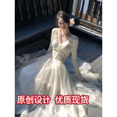 批发从一时刻木上痕清冷感假两件连衣裙V领蕾丝拼接网纱大摆长裙