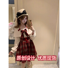 批发森女系原创想去海边 暖色圣诞 可爱甜美一字肩红格子连衣裙