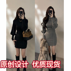 批发大婷婷复古冬季<b class='q'>灯笼</b>袖半高领<b class='q'>连衣裙</b>秋冬裙子褶皱收腰短裙