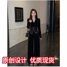 批发奢宠主角雾中芭蕾V领丝绒拼接纽扣显瘦<b class='q'>上衣</b>直筒加绒<b class='q'>裤</b>套<b class='q'>装</b>