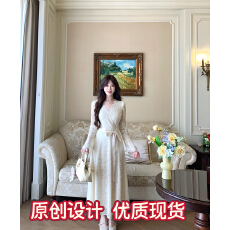批发白里 格蕾丝日记 法式纯欲V领收腰显瘦羽毛纱优雅蕾丝长袖连衣
