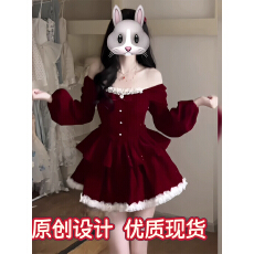 批发复古红色一字肩<b class='q'>连衣裙</b>女<b class='q'>泡泡袖</b>蕾丝拼接收腰A字短裙圣诞新年战袍