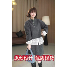 批发薇薇绮设计半高领加绒<b class='q'>卫衣</b>拼接蕾丝下摆半裙显瘦<b class='q'>套装</b>