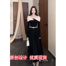 批发木子李的李设计感交叉领露肩<b class='q'>长袖</b>针织衫撞色修身上衣高腰半身裙秋