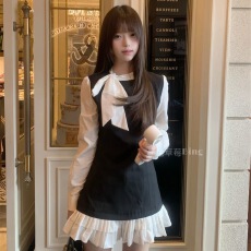 批发法式千<b class='q'>金</b>小香风拼接假两件系带长袖连衣裙女修身显瘦气质A字短裙