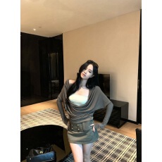 批发柔滑针织荡领抹胸撞色假两件褶皱收腰<b class='q'>蝙蝠衫</b>T恤上衣半裙两件套装