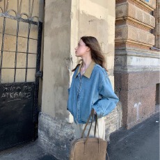 批发复古撞色翻领撞色牛仔外套女美式休闲<b class='q'>街头</b>宽松夹克爆款废土风上衣