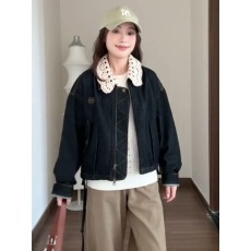 批发美式复古镂空针织领绑带牛仔外套女秋季甜酷宽松百搭气质夹克上衣