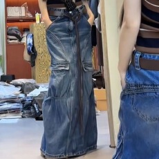 批发美式复古大码水洗廊形分割牛仔裙子女辣妹小众设计感时尚开叉长裙