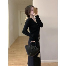 批发黑色设计感拼接波点包臀半身裙女2025春季修身显瘦气质百搭中长裙