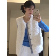 批发新款珍珠白拼色蓝格子马甲女秋季朵朵羊羔毛绒背心