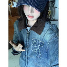批发韩版复古拼接翻领短款牛仔外套女2025秋季新款小众<b class='q'>设计</b>感百搭夹克
