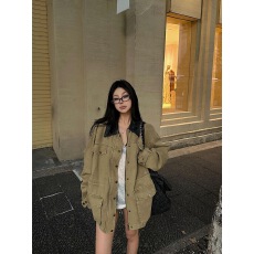 批发韩版复古翻领拼接工装夹克外套女2025秋季新款宽松工装开衫上衣潮