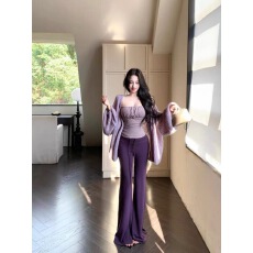 批发慵懒风紫色毛衣开衫外套<b class='q'>吊带</b>背心女秋季套装微喇叭休闲长裤三件套