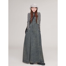 批发美式复古炒盐水洗做旧蓝牛仔<b class='q'>背带</b>裙女秋冬宽松显瘦气质大摆连衣裙