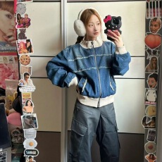 批发美式牛仔撞色拼接棒球服女2025秋季新款宽松短款运动夹克衫小外套