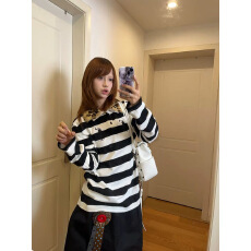 批发y2k<b class='q'>街头</b>风长袖T恤女秋季新款亚文化翻毛领POLO衫条纹宽松亚比上衣