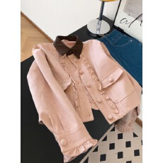 批发美式复古风木耳边外套女2025麂皮秋季洋气甜美撞色翻领短款<b class='q'>夹克</b>