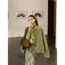 批发韩系穿搭小香风绿色毛呢外套打底衫秋冬格子半身裙三件套