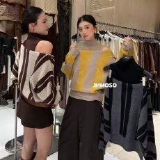 批发韩系复古撞色条纹<b class='q'>一字领</b>露肩蝙蝠袖毛衣半高领针织背心两件套装女