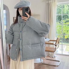 批发2025年冬季新款设计感休闲小个子宽松格子立领棉服加厚<b class='q'>韩版</b>外套女