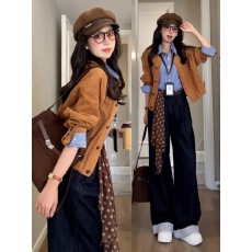 批发套装女2025早秋季韩系减龄短款<b class='q'>夹克</b>外套叠穿条纹衬衫阔腿裤三件套