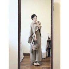 批发秋季新款圆领短袖背心连衣裙女气质高级感收腰显瘦长裙子两件套装