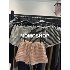 批发2025新款时尚洋气松紧腰系带条纹休闲短裤女运动裤