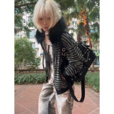 批发【撞色<b class='q'>条纹</b>】日系拼接毛领连帽卫衣女INS宽松<b class='q'>开衫</b>外套