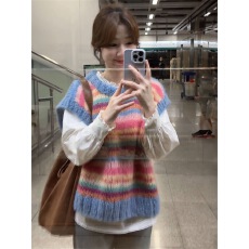 批发豆豆<b class='q'>家</b> 彩虹条纹圆领针织衫毛衣马甲背心女叠穿木耳边衬衫两件套