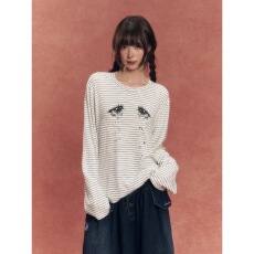 批发美式ins风黑白条纹圆领长袖T恤女秋季款钻石眼睛<b class='q'>印花</b>宽松显瘦上衣