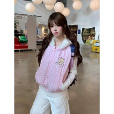 批发原创轻松熊立耳连帽格子棉服马甲秋冬新款<b class='q'>可爱</b>百搭外套