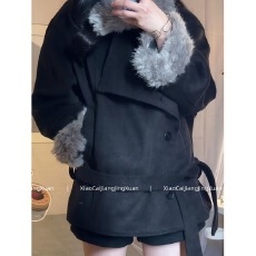 批发韩系复古灰色毛领呢子大衣女小个子秋<b class='q'>冬</b>季高级感高腰黑色短裤套装