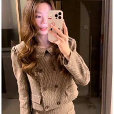 批发法式千金风复古气质千鸟格套装女2025秋季新款娃娃领短外套半身裙