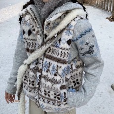 批发【夹棉保暖】美式复古费尔岛羊羔绒马甲棉服外套女冬季叠穿上衣