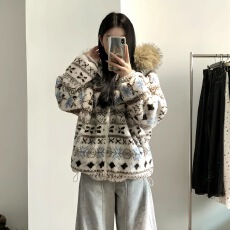 批发【加厚夹棉】网红费尔岛复古大毛领宽松冬季保暖棉服外套连帽棉衣