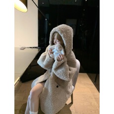 批发「布朗小熊」中长款毛毛中长款大衣羊羔毛韩系宽松毛绒连帽外套