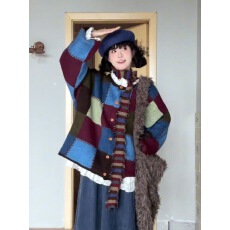 批发复古风拼色毛衣外套女2025秋冬新款慵懒宽松圆领长袖<b class='q'>针织</b><b class='q'>开衫</b>上衣