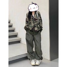 批发美式街头连帽针织开衫秋冬新款chic宽松仿貂毛迷彩毛衣外套女上衣