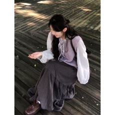 批发秋季新款韩系学院风针织马甲背心女叠穿<b class='q'>衬衫</b>上衣+A字长裙三件套<b class='q'>装</b>