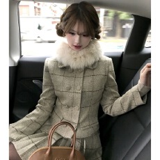 批发日系千<b class='q'>金</b>感格纹套装女秋冬双排扣开衫毛呢外套+百褶半身裙两件套