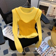 批发韩系别致正肩<b class='q'>吊带</b>拼接设计感长袖针织衫女秋冬季穿搭修身显瘦上衣