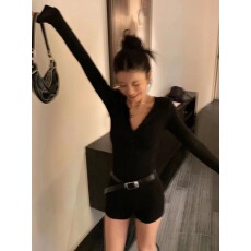 批发秋季辣妹新款修身显瘦<b class='q'>连体</b><b class='q'>裤</b>女黑色纯欲风外穿运动长袖V领连体衣