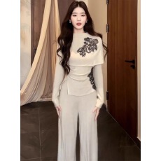 批发韩版慵懒假两件拼接修身<b class='q'>T</b><b class='q'>恤</b>阔腿<b class='q'>裤</b><b class='q'>两件套</b>2025秋季新款百搭套<b class='q'>装</b>潮