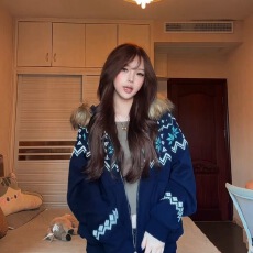 美式藏青色费尔岛连帽卫衣外套女秋冬加绒加厚宽松慵懒风开衫上衣